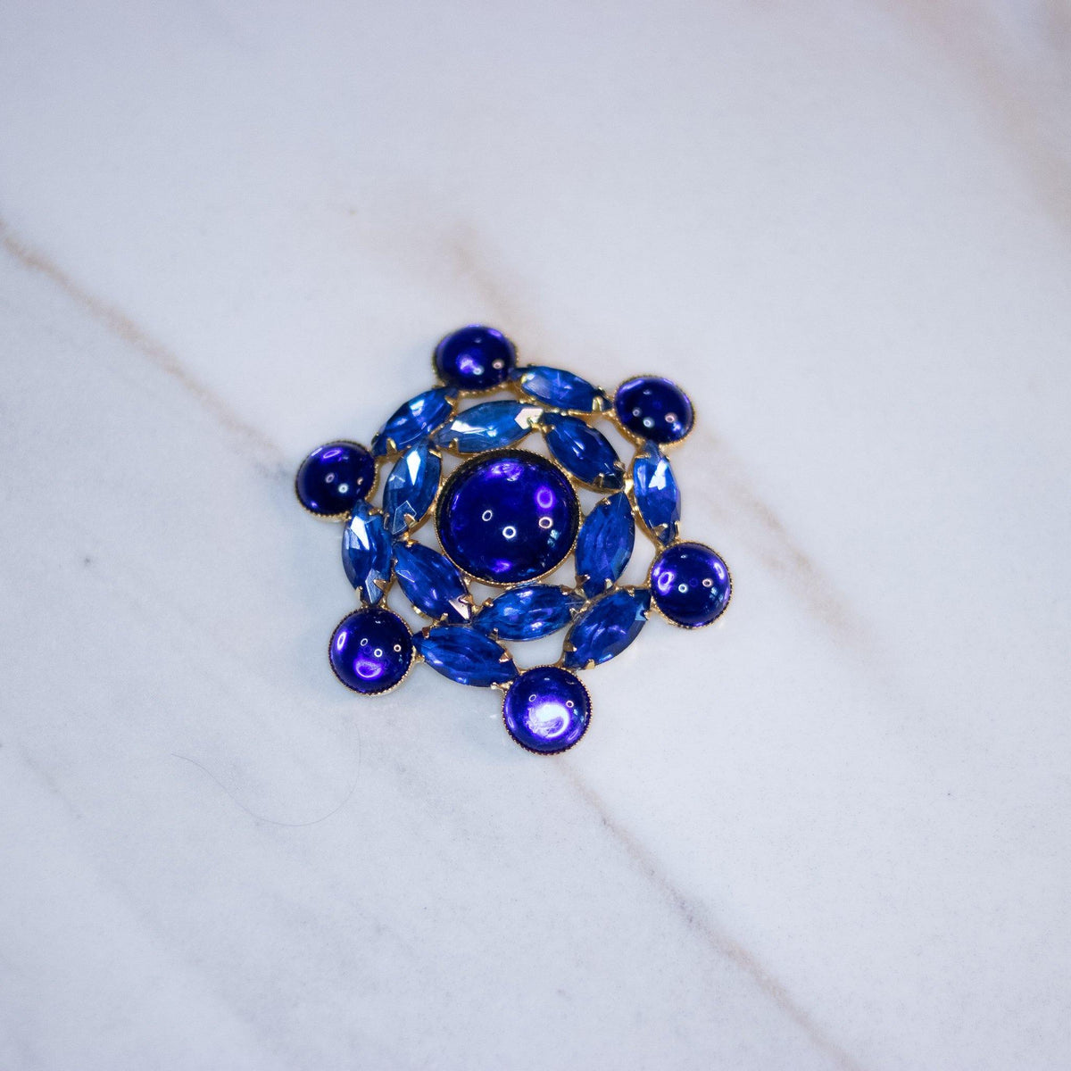 Vintage Blue Rhinestone Medallion Brooch ‘