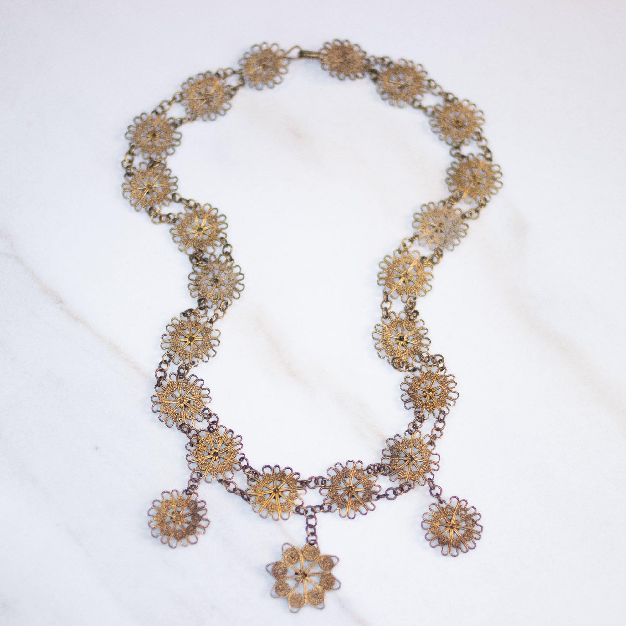 Vintage Brass Filigree Link Necklace by Unsigned Beauty - Vintage Meet Modern Vintage Jewelry - Chicago, Illinois - #oldhollywoodglamour #vintagemeetmodern #designervintage #jewelrybox #antiquejewelry #vintagejewelry