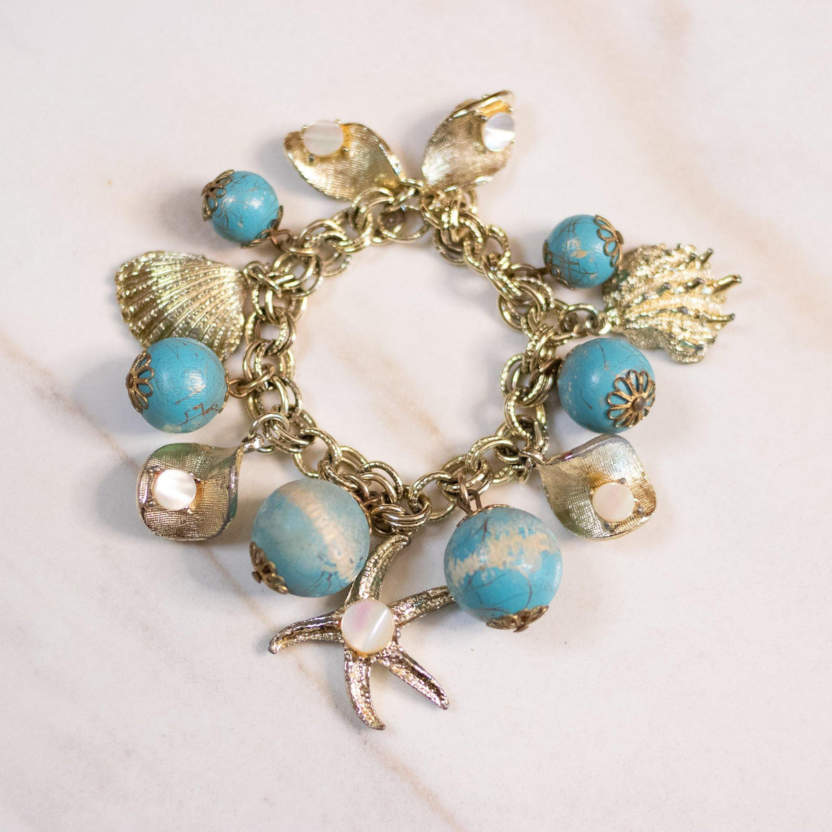 Vintage Chunky Blue Bead, Sea Inspired Charm Bracelet