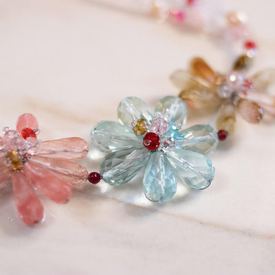 Vintage Pink, Rutilated Quartz and Blue Crystal Flower Statement Necklace by Anthropologie - Vintage Meet Modern Vintage Jewelry - Chicago, Illinois - #oldhollywoodglamour #vintagemeetmodern #designervintage #jewelrybox #antiquejewelry #vintagejewelry