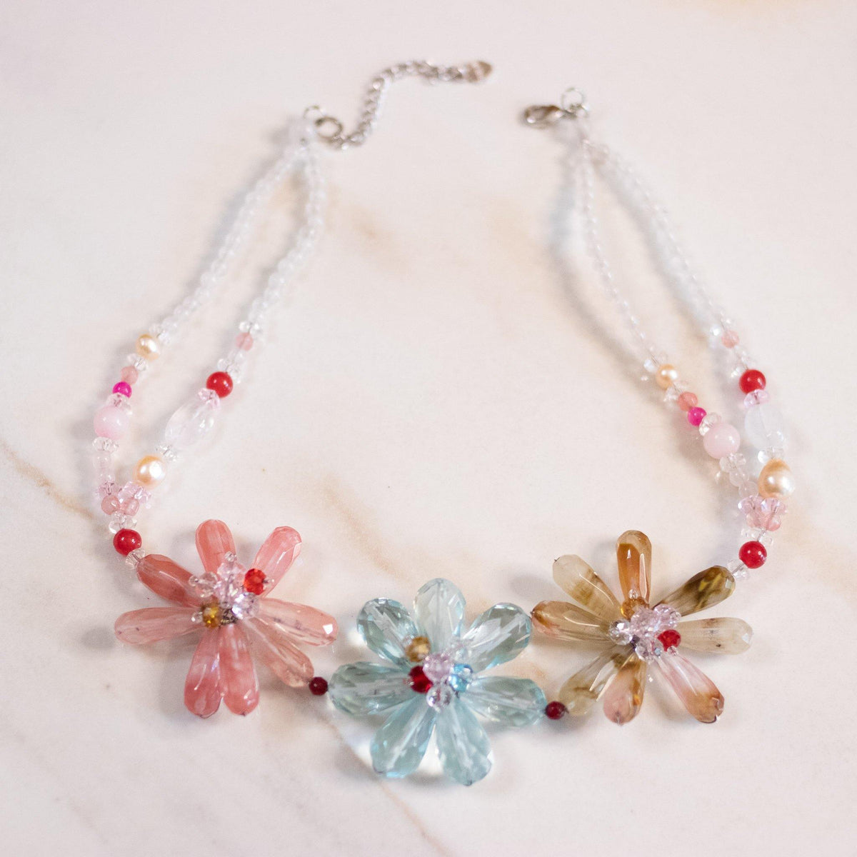 Vintage Pink, Rutilated Quartz and Blue Crystal Flower Statement Necklace