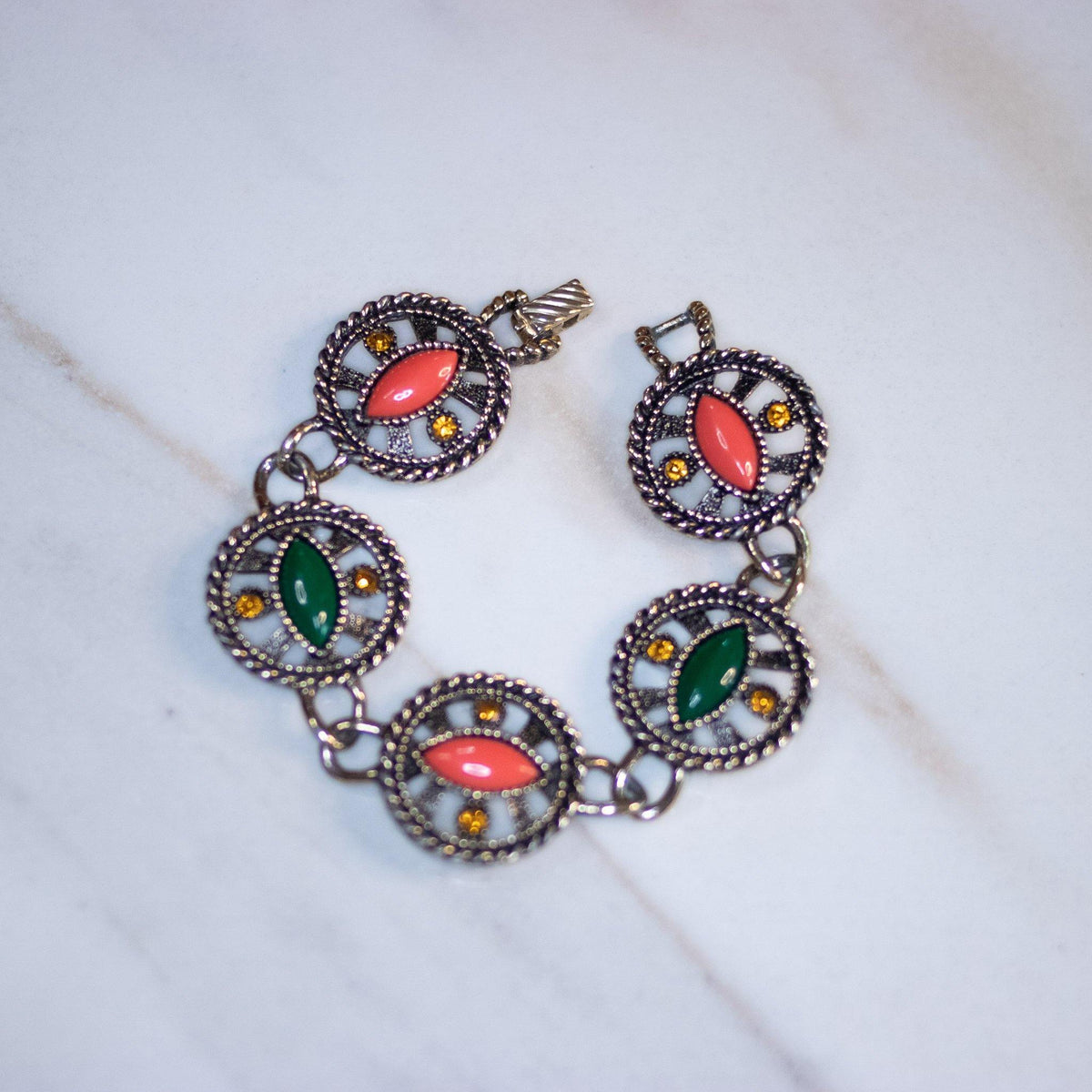 Vintage Emmons Green and Orange Chunky Round Link Bracelet