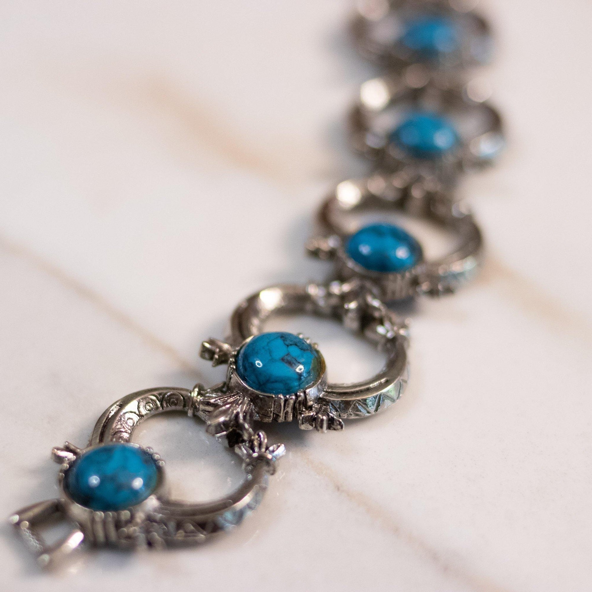 Vintage Emmons Turquoise Squash Blossom Style Bracelet by Emmons - Vintage Meet Modern Vintage Jewelry - Chicago, Illinois - #oldhollywoodglamour #vintagemeetmodern #designervintage #jewelrybox #antiquejewelry #vintagejewelry