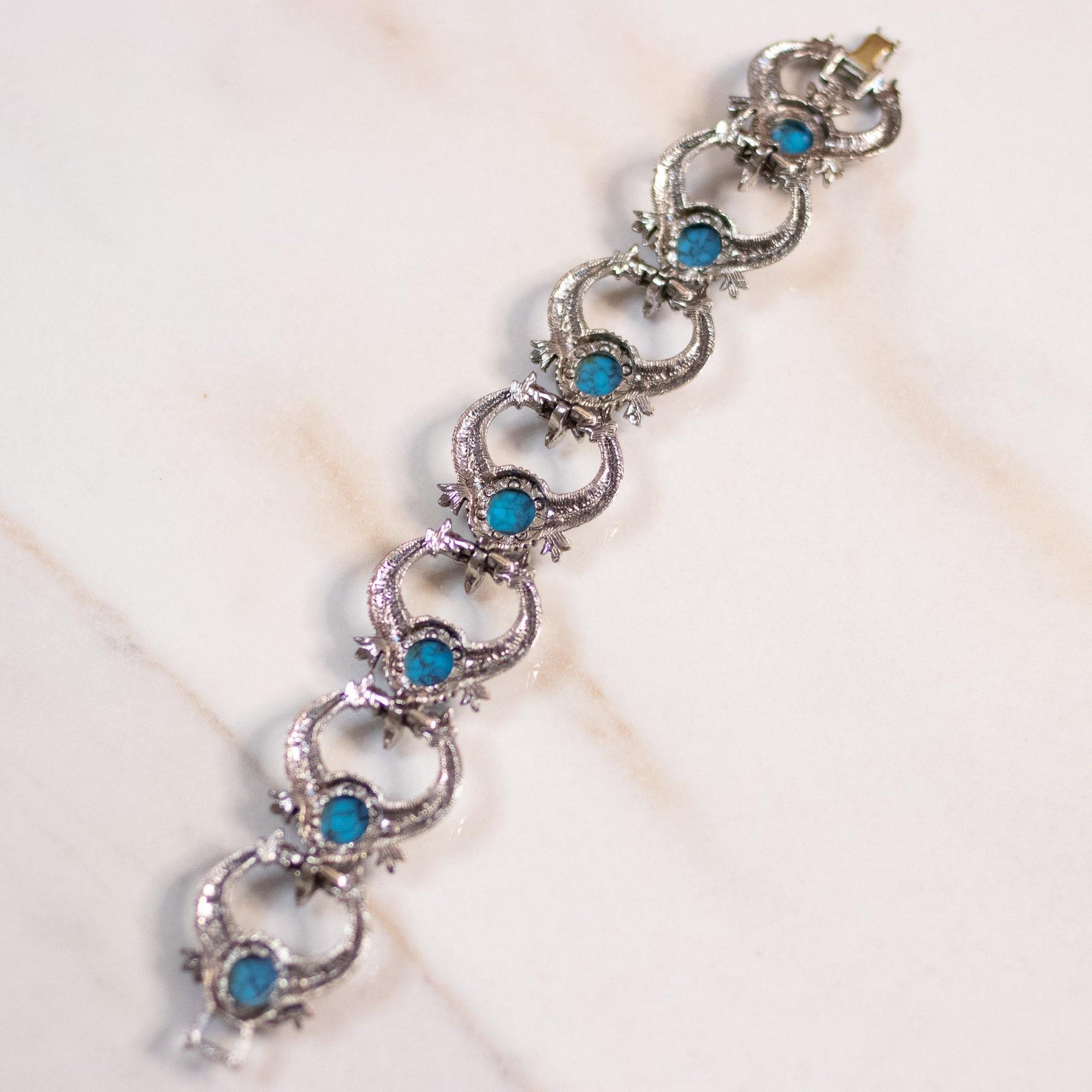 Vintage Emmons Turquoise Squash Blossom Style Bracelet by Emmons - Vintage Meet Modern Vintage Jewelry - Chicago, Illinois - #oldhollywoodglamour #vintagemeetmodern #designervintage #jewelrybox #antiquejewelry #vintagejewelry