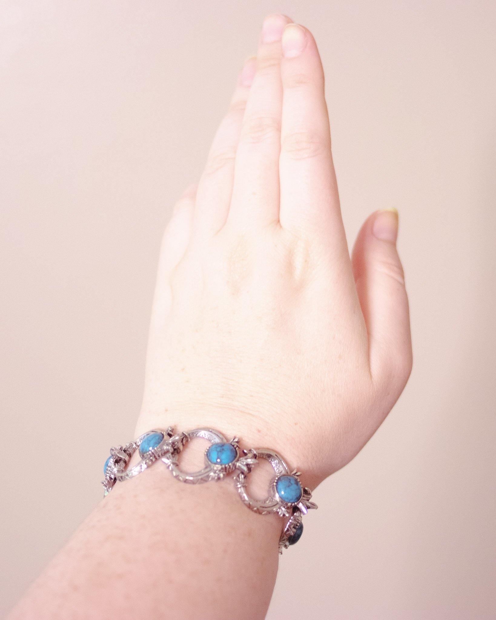 Vintage Emmons Turquoise Squash Blossom Style Bracelet by Emmons - Vintage Meet Modern Vintage Jewelry - Chicago, Illinois - #oldhollywoodglamour #vintagemeetmodern #designervintage #jewelrybox #antiquejewelry #vintagejewelry