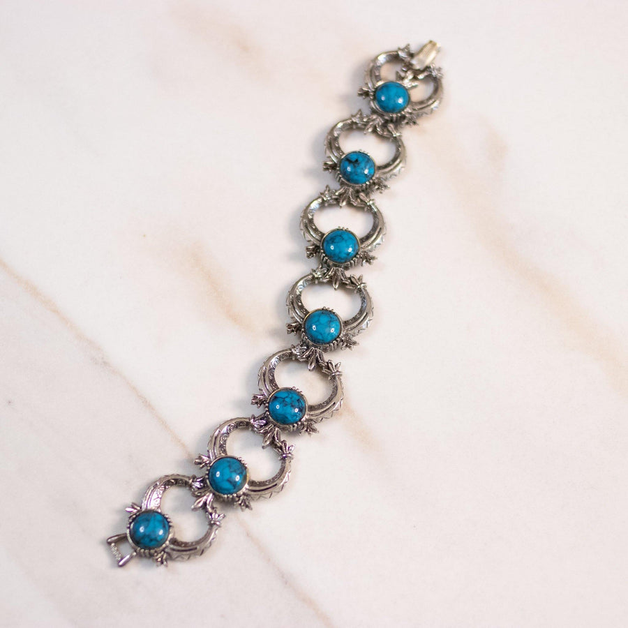 Vintage Emmons Turquoise Squash Blossom Style Bracelet by Emmons - Vintage Meet Modern Vintage Jewelry - Chicago, Illinois - #oldhollywoodglamour #vintagemeetmodern #designervintage #jewelrybox #antiquejewelry #vintagejewelry