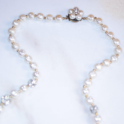 Vintage Faux Pearl Necklace with Rhinestone Balls by Unsigned Beauty - Vintage Meet Modern Vintage Jewelry - Chicago, Illinois - #oldhollywoodglamour #vintagemeetmodern #designervintage #jewelrybox #antiquejewelry #vintagejewelry