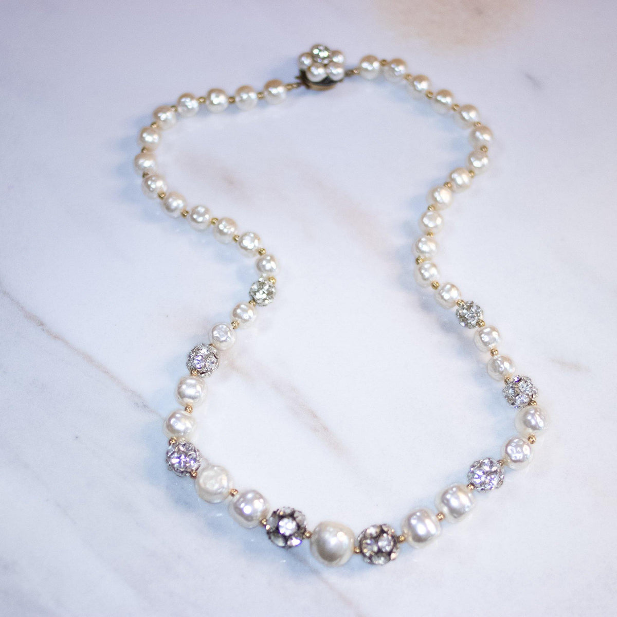 Vintage Faux Pearl Necklace with Rhinestone Balls