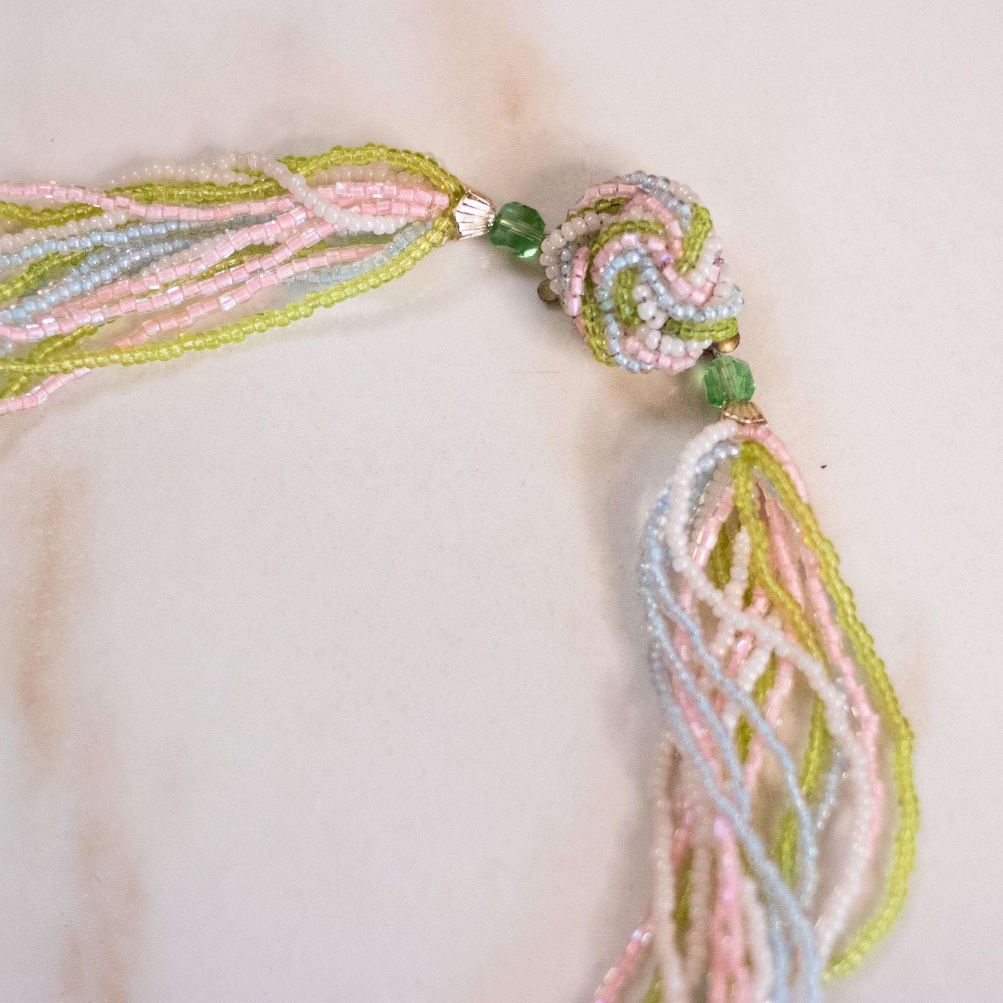 Vintage Multi Strand Glass Seed Bead Pastel Torsade Necklace by Made in Japan - Vintage Meet Modern Vintage Jewelry - Chicago, Illinois - #oldhollywoodglamour #vintagemeetmodern #designervintage #jewelrybox #antiquejewelry #vintagejewelry