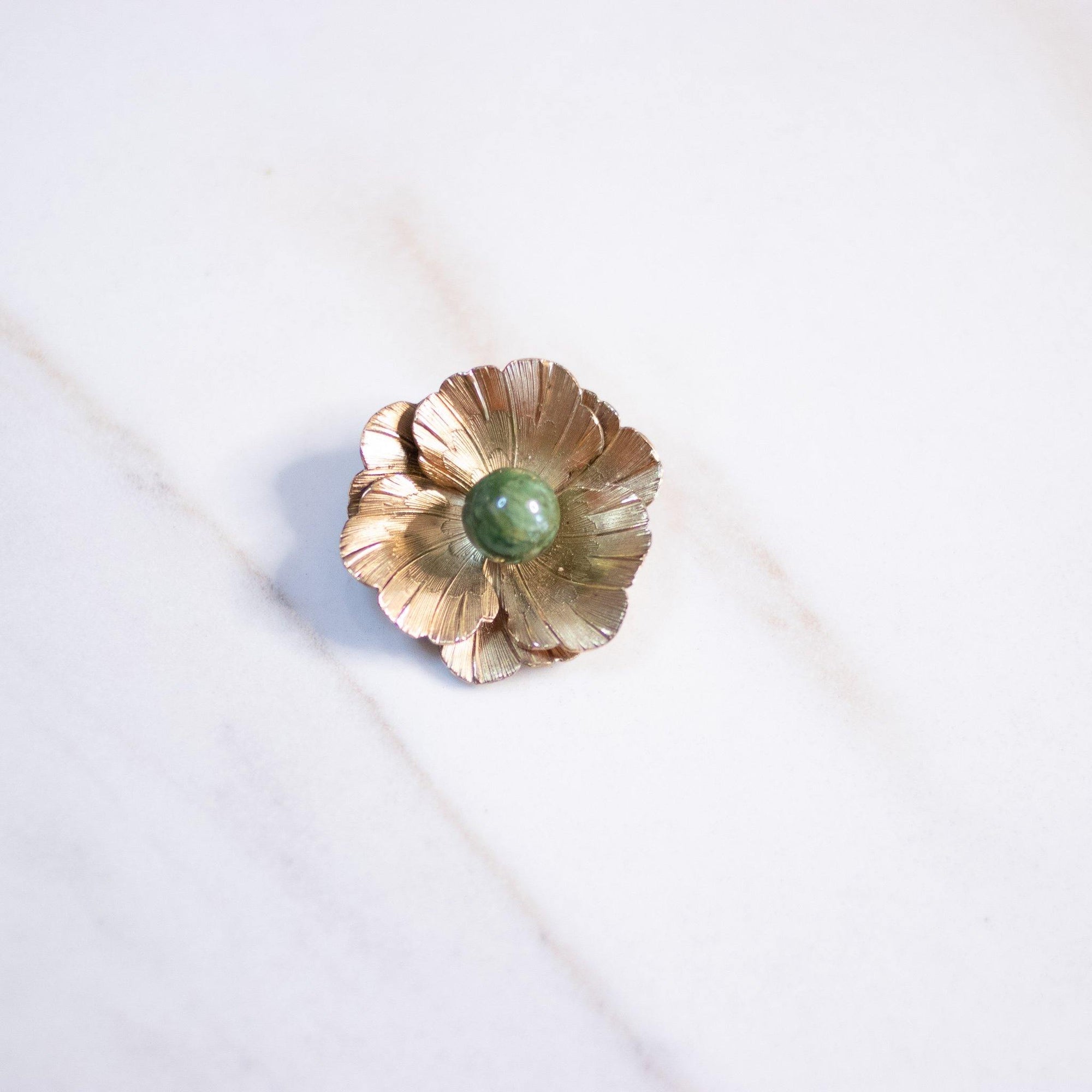 Vintage Gold Flower Brooch with Jade Bead by Unsigned Beauty - Vintage Meet Modern Vintage Jewelry - Chicago, Illinois - #oldhollywoodglamour #vintagemeetmodern #designervintage #jewelrybox #antiquejewelry #vintagejewelry
