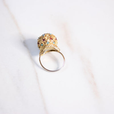 Vintage Gold Ball Statement Ring with Turquoise, Red, and Purple Rhinestones by Unsigned Beauty - Vintage Meet Modern Vintage Jewelry - Chicago, Illinois - #oldhollywoodglamour #vintagemeetmodern #designervintage #jewelrybox #antiquejewelry #vintagejewelry