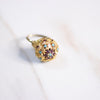 Vintage Gold Ball Statement Ring with Turquoise, Red, and Purple Rhinestones by Unsigned Beauty - Vintage Meet Modern Vintage Jewelry - Chicago, Illinois - #oldhollywoodglamour #vintagemeetmodern #designervintage #jewelrybox #antiquejewelry #vintagejewelry
