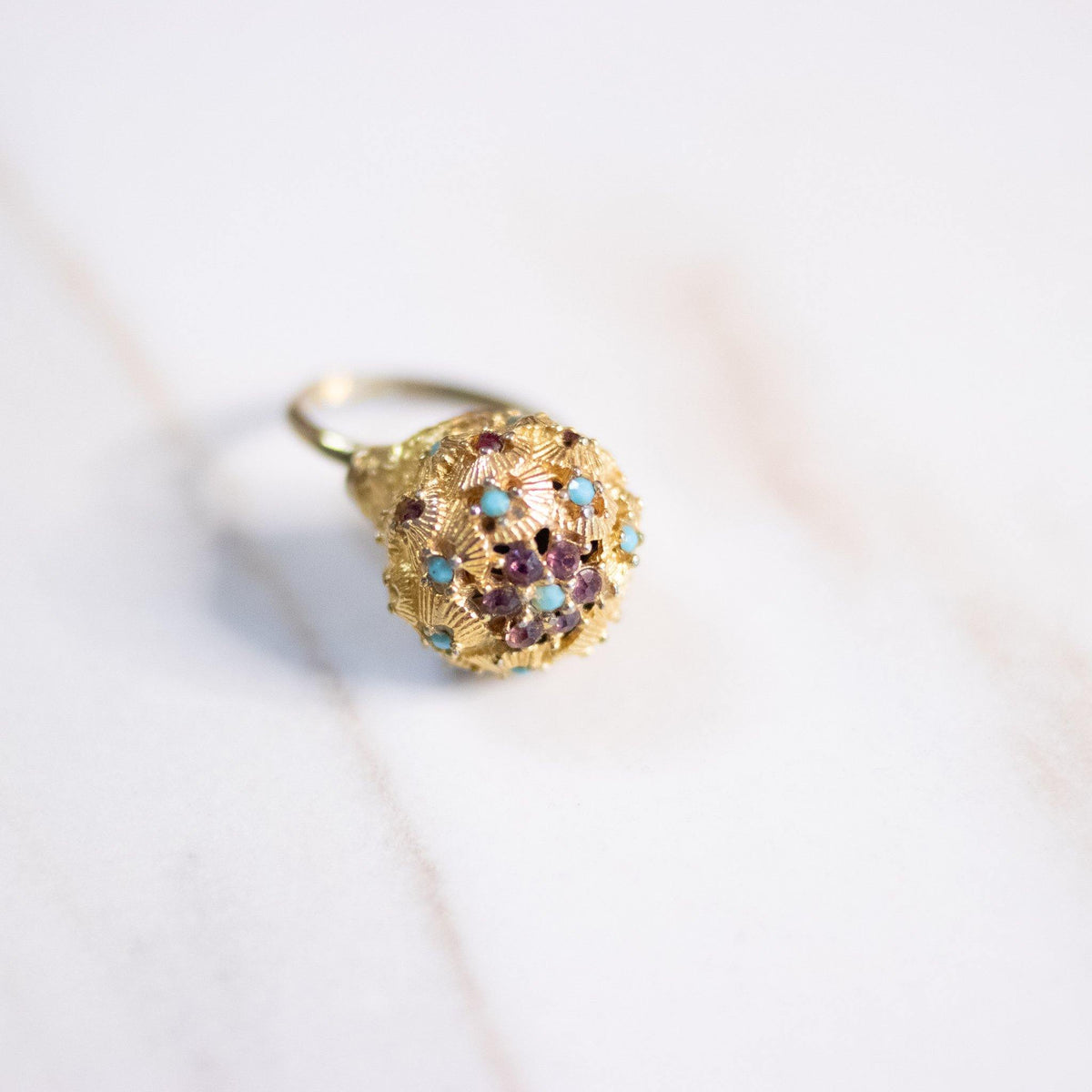 Vintage Gold Ball Statement Ring with Turquoise, Red, and Purple Rhinestones