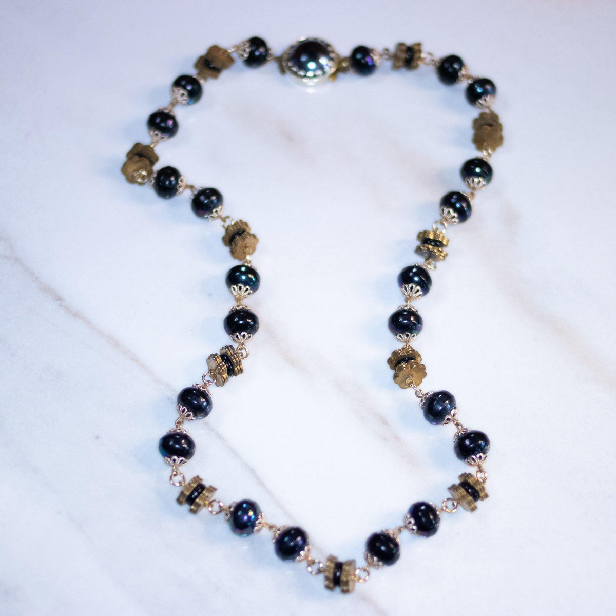 Vintage Gold and Black Bead Statement Necklace