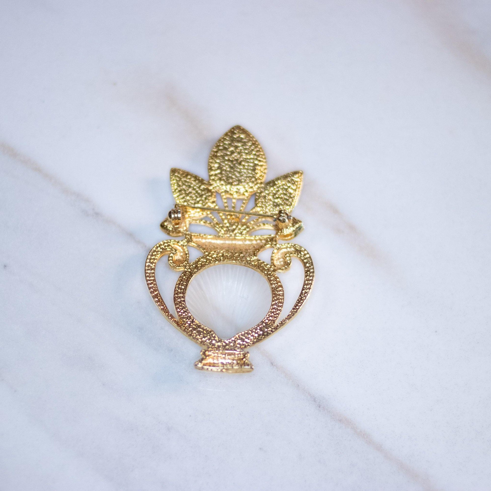 Vintage Gold Urn Brooch with Lucite Shell, Pink and Blue Rhinestones by Unsigned Beauty - Vintage Meet Modern Vintage Jewelry - Chicago, Illinois - #oldhollywoodglamour #vintagemeetmodern #designervintage #jewelrybox #antiquejewelry #vintagejewelry