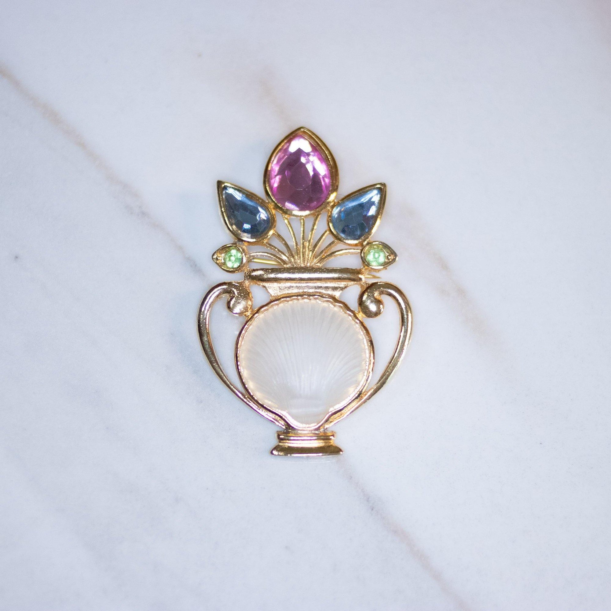 Vintage Gold Urn Brooch with Lucite Shell, Pink and Blue Rhinestones by Unsigned Beauty - Vintage Meet Modern Vintage Jewelry - Chicago, Illinois - #oldhollywoodglamour #vintagemeetmodern #designervintage #jewelrybox #antiquejewelry #vintagejewelry