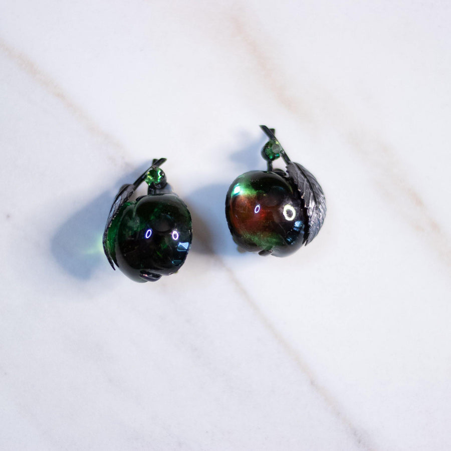 Vintage Green and Red Glass Cherry Earrings by Made in Austria - Vintage Meet Modern Vintage Jewelry - Chicago, Illinois - #oldhollywoodglamour #vintagemeetmodern #designervintage #jewelrybox #antiquejewelry #vintagejewelry