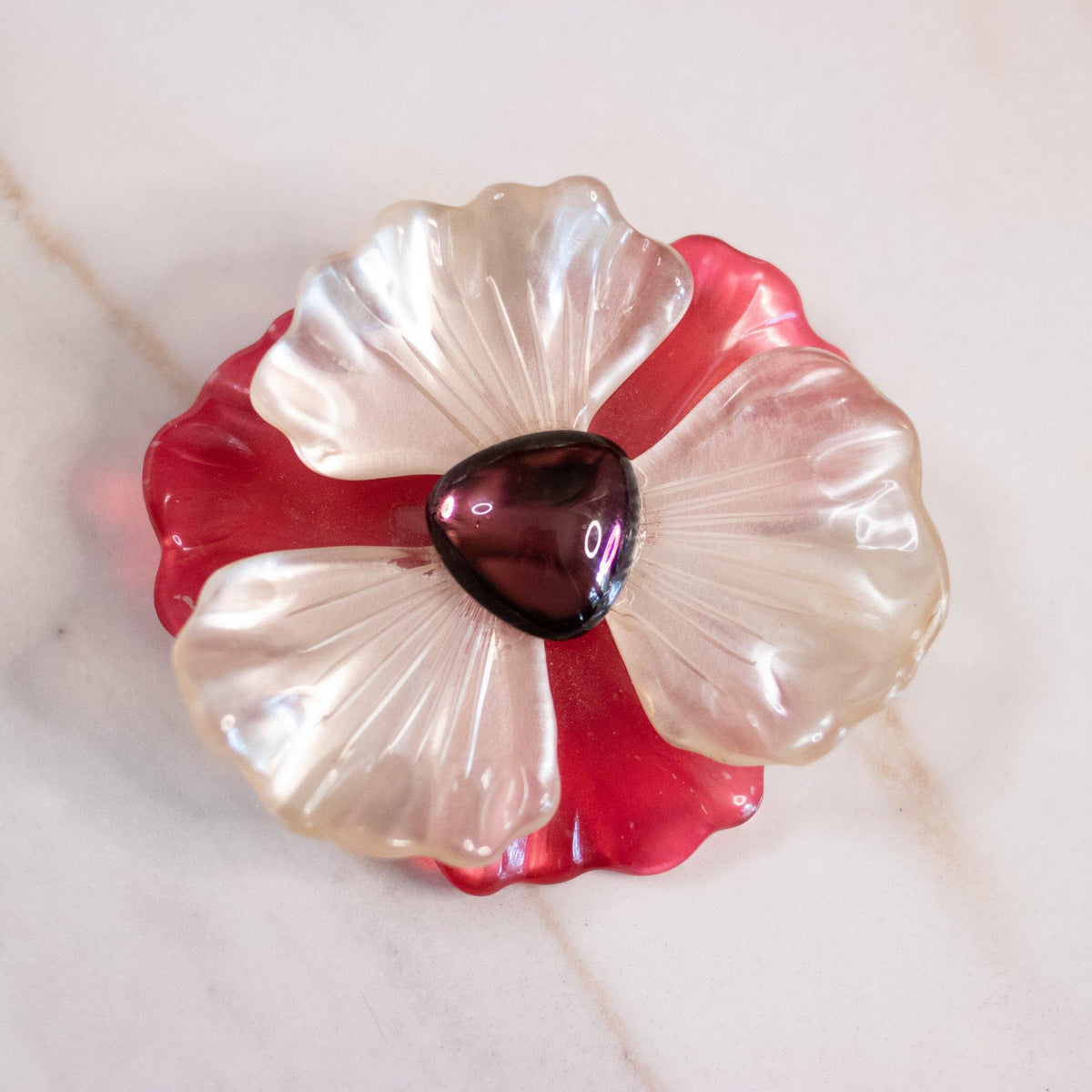 Vintage Huge Pink and Pearl Lucite Flower Brooch