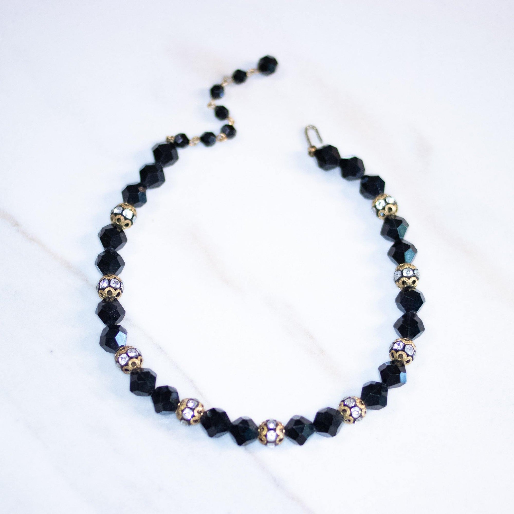 Vintage Jet Crystal and Rhinestone Bead Bead Necklace by Unsigned Beauty - Vintage Meet Modern Vintage Jewelry - Chicago, Illinois - #oldhollywoodglamour #vintagemeetmodern #designervintage #jewelrybox #antiquejewelry #vintagejewelry