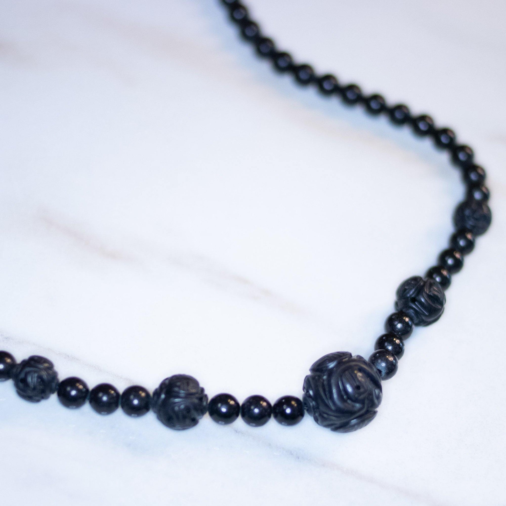 Vintage Jet and Carved Bead Chinese Export Necklace by Sterling Silver - Vintage Meet Modern Vintage Jewelry - Chicago, Illinois - #oldhollywoodglamour #vintagemeetmodern #designervintage #jewelrybox #antiquejewelry #vintagejewelry