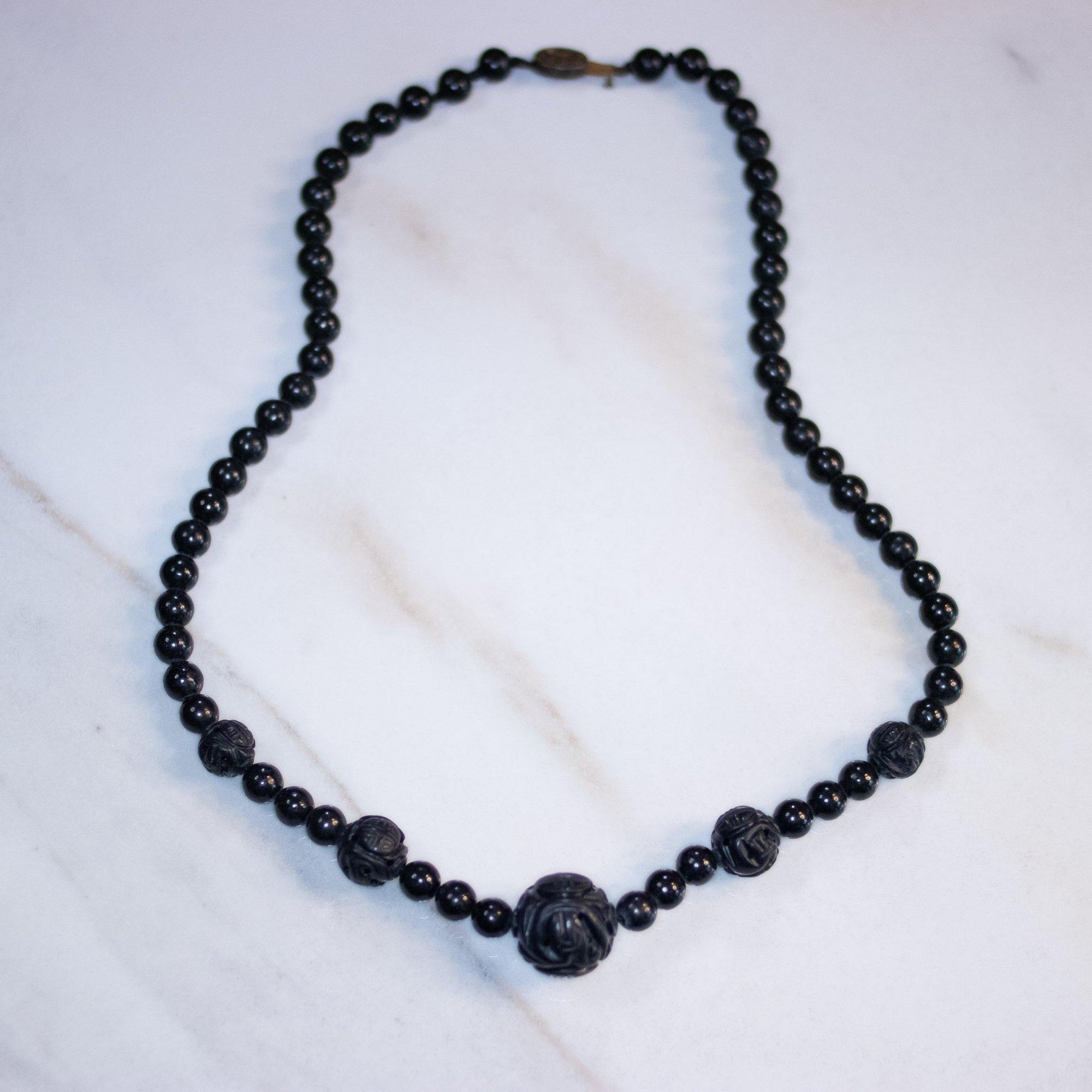 Vintage Jet and Carved Bead Chinese Export Necklace by Sterling Silver - Vintage Meet Modern Vintage Jewelry - Chicago, Illinois - #oldhollywoodglamour #vintagemeetmodern #designervintage #jewelrybox #antiquejewelry #vintagejewelry