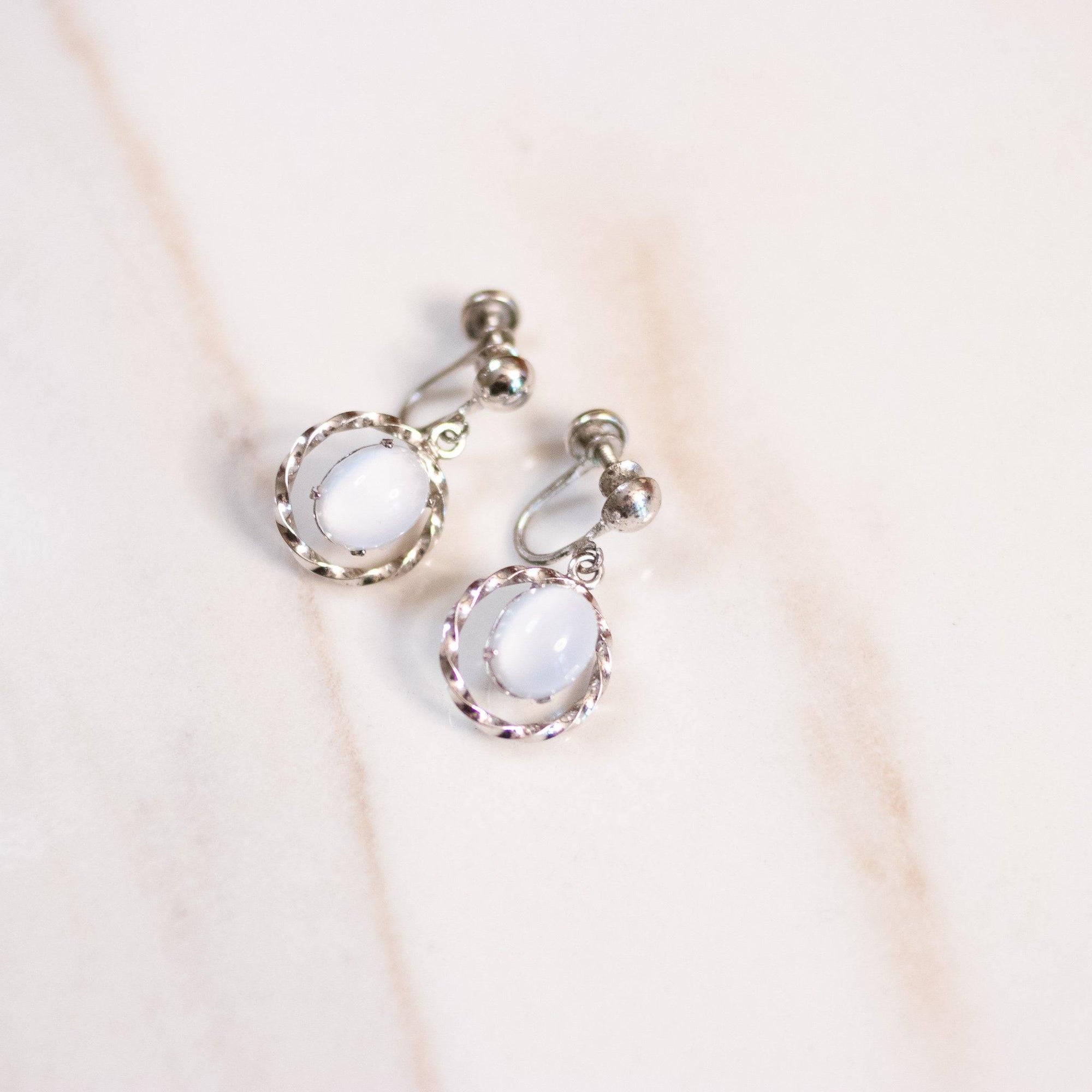 Vintage Light Blue Cats Eye Glass Door Knocker Style Sterling Silver Earrings by Unsigned Beauty - Vintage Meet Modern Vintage Jewelry - Chicago, Illinois - #oldhollywoodglamour #vintagemeetmodern #designervintage #jewelrybox #antiquejewelry #vintagejewelry