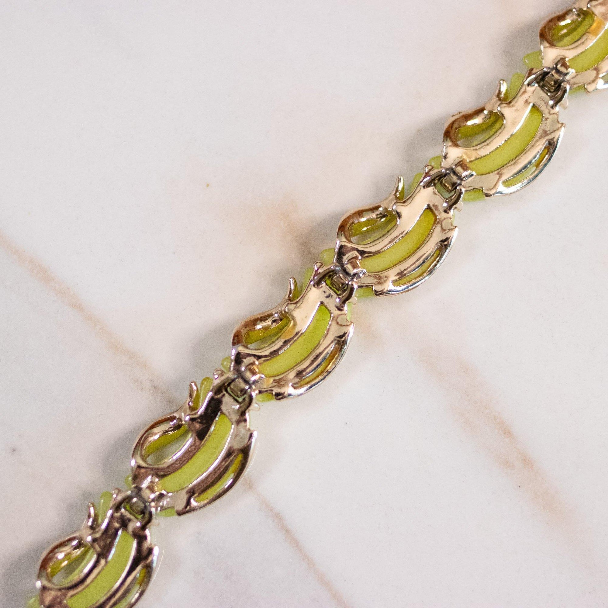 Vintage Light Green Thermoset Bracelet by Coro - Vintage Meet Modern Vintage Jewelry - Chicago, Illinois - #oldhollywoodglamour #vintagemeetmodern #designervintage #jewelrybox #antiquejewelry #vintagejewelry