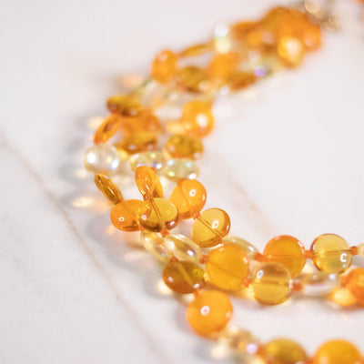 Vintage Marvella Orange and Yellow Glass Bead Triple Strand Necklace by Marvella - Vintage Meet Modern Vintage Jewelry - Chicago, Illinois - #oldhollywoodglamour #vintagemeetmodern #designervintage #jewelrybox #antiquejewelry #vintagejewelry