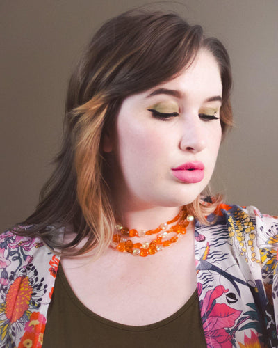 Vintage Marvella Orange and Yellow Glass Bead Triple Strand Necklace by Marvella - Vintage Meet Modern Vintage Jewelry - Chicago, Illinois - #oldhollywoodglamour #vintagemeetmodern #designervintage #jewelrybox #antiquejewelry #vintagejewelry