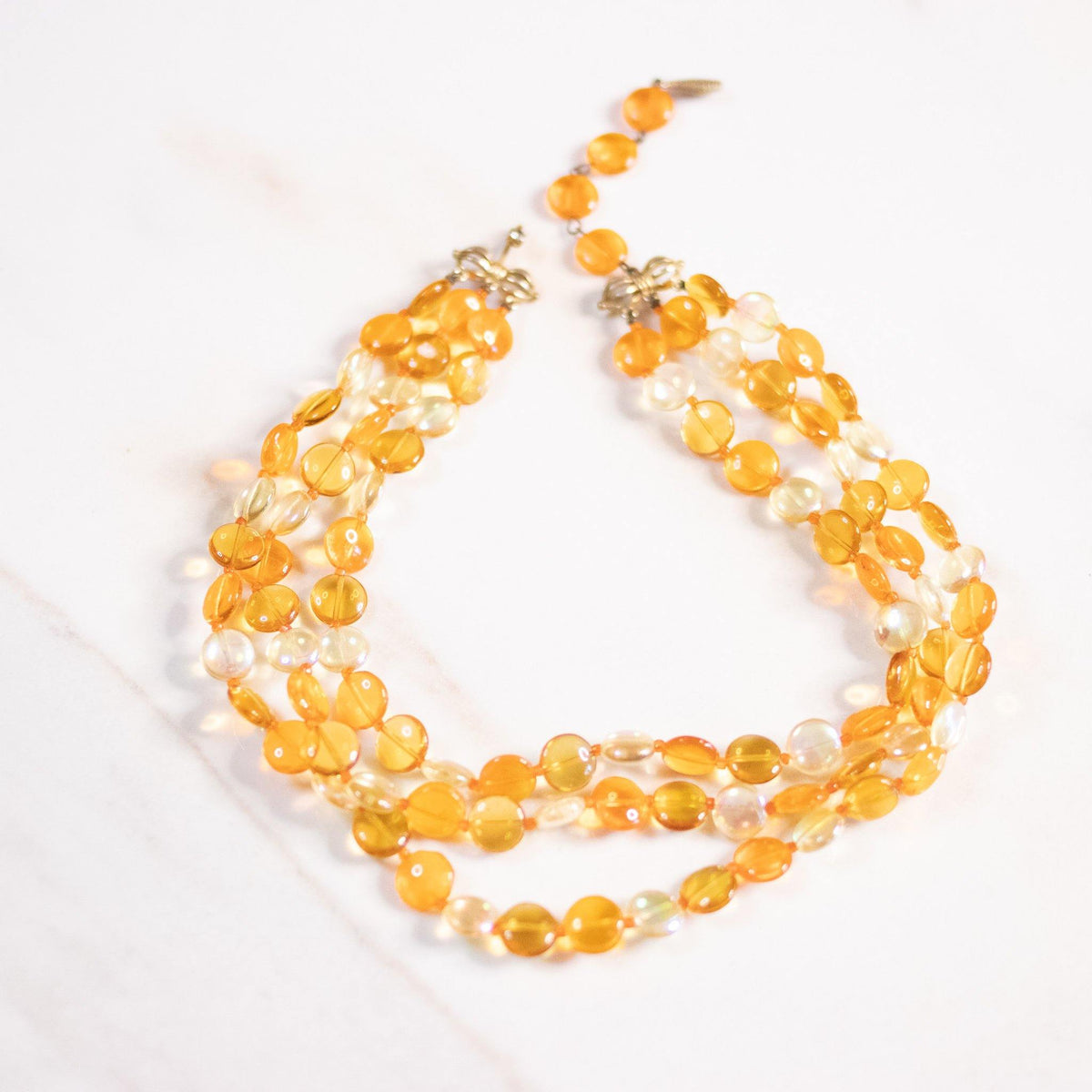 Vintage Marvella Orange and Yellow Glass Bead Triple Strand Necklace