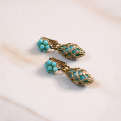 Vintage Mid Century Modern Caged Turquoise Lucite Earrings by Unsigned Beauty - Vintage Meet Modern Vintage Jewelry - Chicago, Illinois - #oldhollywoodglamour #vintagemeetmodern #designervintage #jewelrybox #antiquejewelry #vintagejewelry