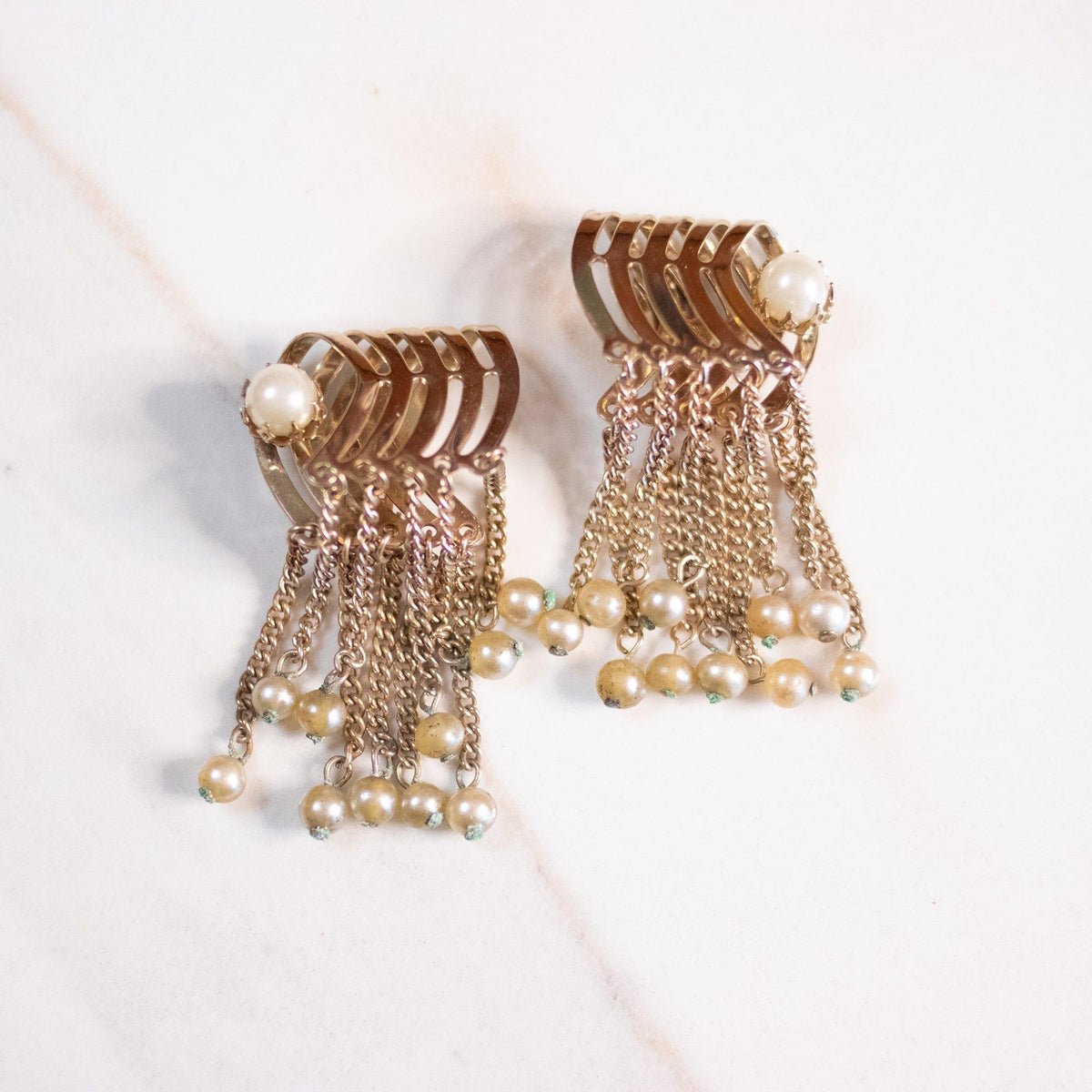 Vintage Mid Century Modern Gold Looped Statement Earrings with Dangling Pearls