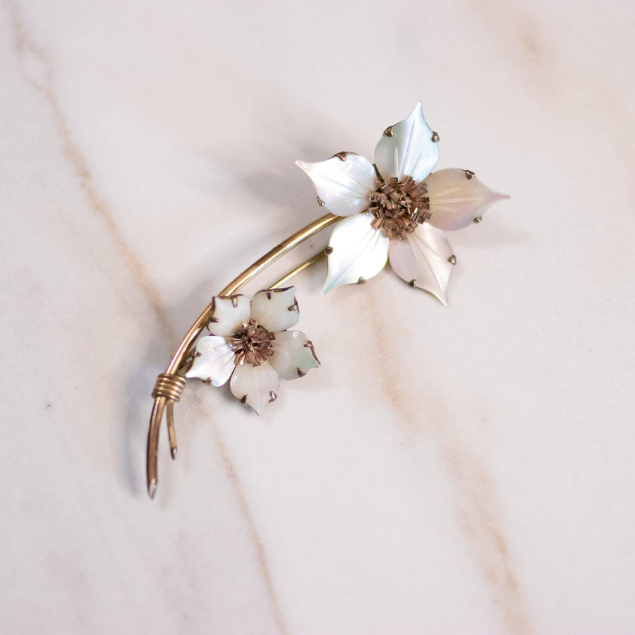 Vintage Mother of Pearl Double Flower Brooch by 1/20 12kt Gold Filled - Vintage Meet Modern Vintage Jewelry - Chicago, Illinois - #oldhollywoodglamour #vintagemeetmodern #designervintage #jewelrybox #antiquejewelry #vintagejewelry