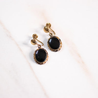 Vintage 1950s Petite Jet Cabochon Glass Dangling Earrings by Gold Filled - Vintage Meet Modern Vintage Jewelry - Chicago, Illinois - #oldhollywoodglamour #vintagemeetmodern #designervintage #jewelrybox #antiquejewelry #vintagejewelry
