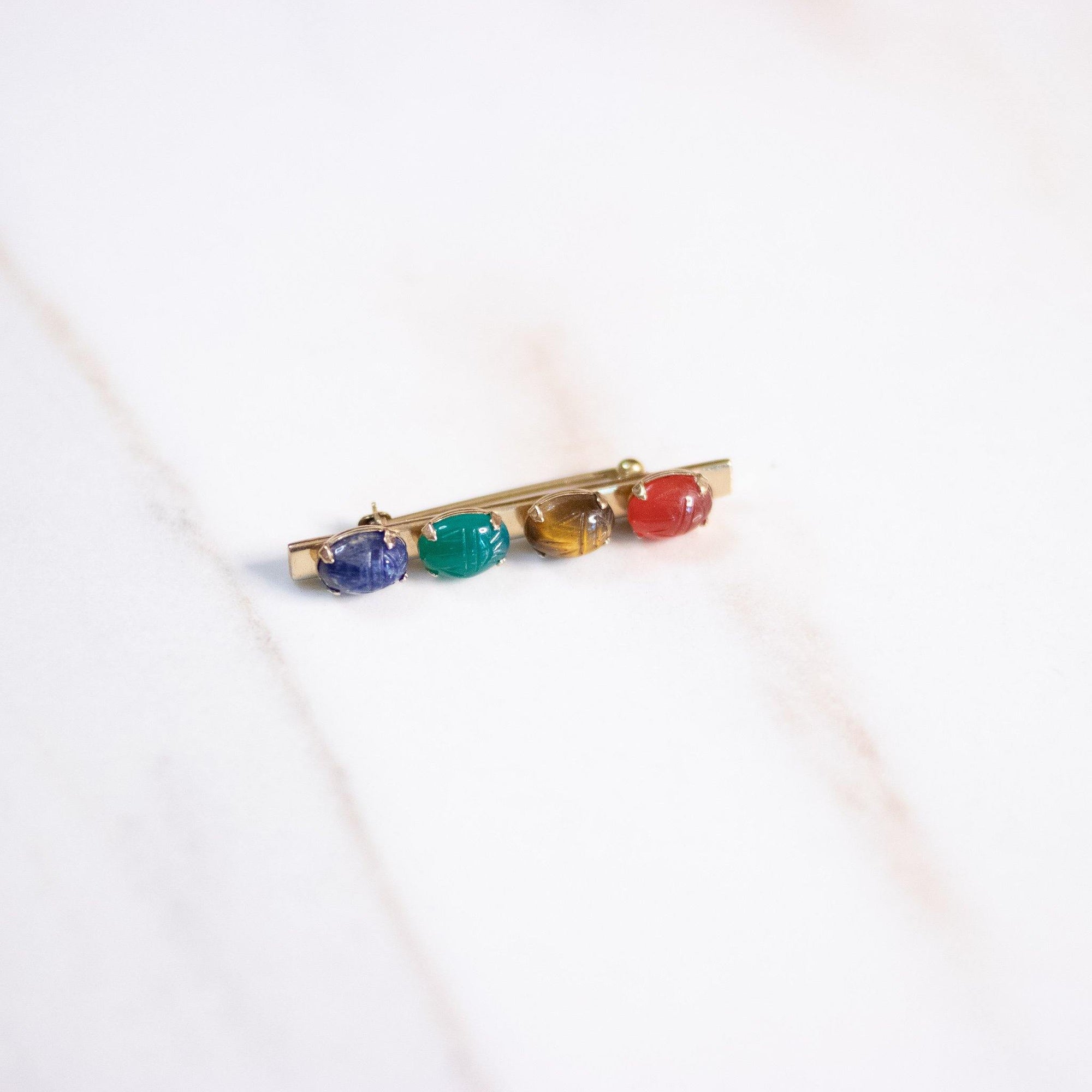Vintage Petite Scarab Bar Pin with Semi Precious Gemstones Carnelian, Jade, Tigers Eye, Quartz by 1/20 12kt Gold Filled - Vintage Meet Modern Vintage Jewelry - Chicago, Illinois - #oldhollywoodglamour #vintagemeetmodern #designervintage #jewelrybox #antiquejewelry #vintagejewelry