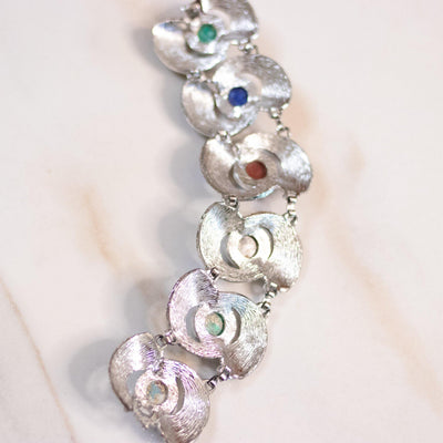 Vintage Sarah Coventry Chunky Silver Bracelet with Colorful Lucite Cabochons by Sarah Coventry - Vintage Meet Modern Vintage Jewelry - Chicago, Illinois - #oldhollywoodglamour #vintagemeetmodern #designervintage #jewelrybox #antiquejewelry #vintagejewelry