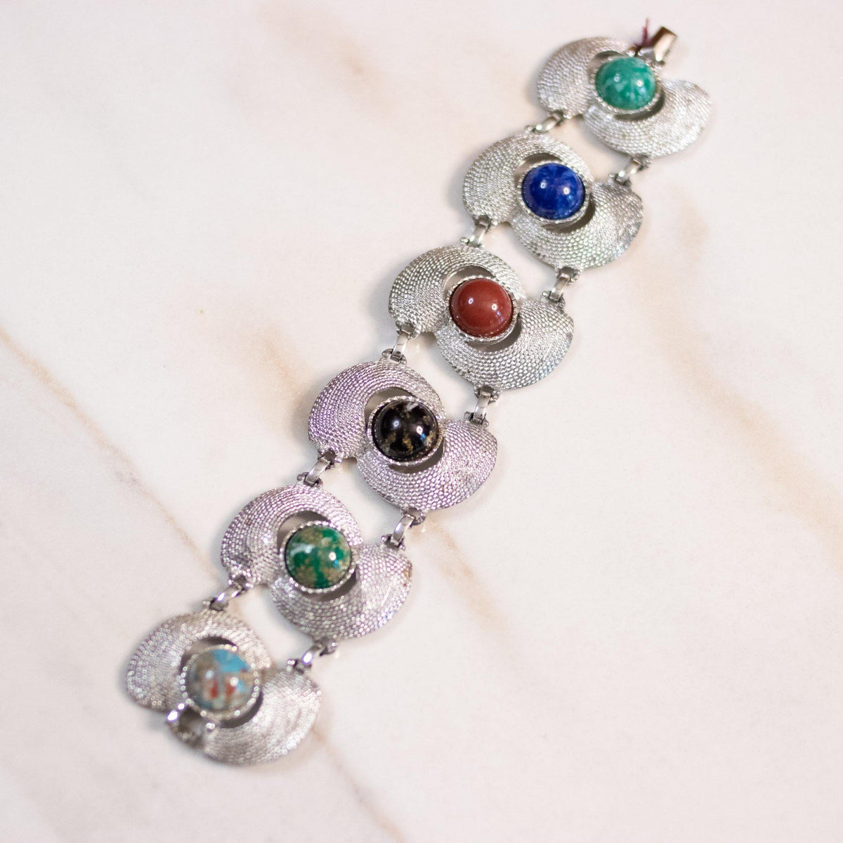 Vintage Sarah Coventry Chunky Silver Bracelet with Colorful Lucite Cabochons