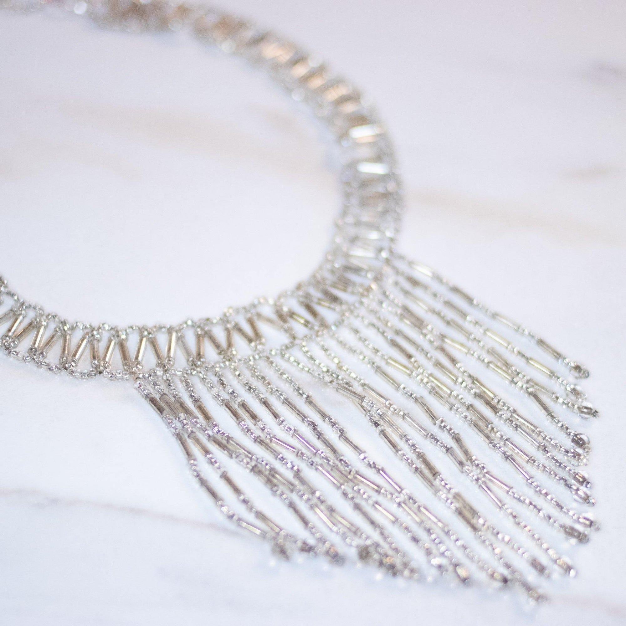 Vintage Silver Glass Bead Tassel Necklace by Art Deco Era - Vintage Meet Modern Vintage Jewelry - Chicago, Illinois - #oldhollywoodglamour #vintagemeetmodern #designervintage #jewelrybox #antiquejewelry #vintagejewelry
