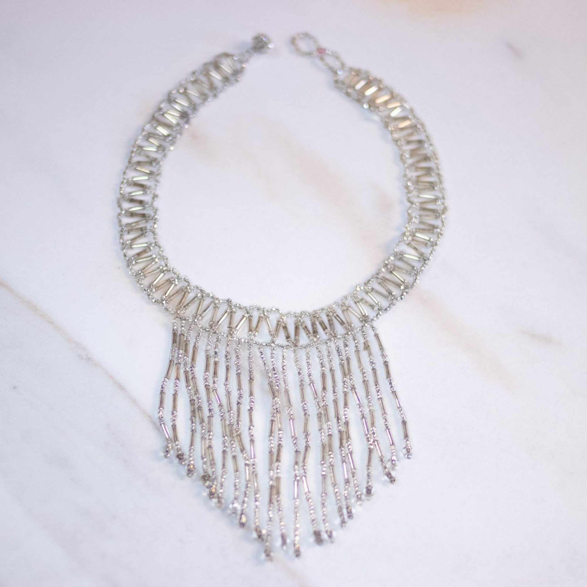 Vintage Silver Glass Bead Tassel Necklace by Art Deco Era - Vintage Meet Modern Vintage Jewelry - Chicago, Illinois - #oldhollywoodglamour #vintagemeetmodern #designervintage #jewelrybox #antiquejewelry #vintagejewelry