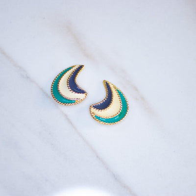 Vintage Teal, Blue, and Cream Enamel Swirl Statement Earrings by Unsigned Beauty - Vintage Meet Modern Vintage Jewelry - Chicago, Illinois - #oldhollywoodglamour #vintagemeetmodern #designervintage #jewelrybox #antiquejewelry #vintagejewelry