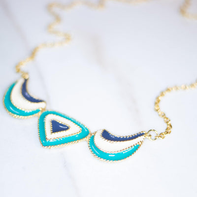 Vintage Teal, Cream, and Blue Enamel Statement Necklace by Unsigned Beauty - Vintage Meet Modern Vintage Jewelry - Chicago, Illinois - #oldhollywoodglamour #vintagemeetmodern #designervintage #jewelrybox #antiquejewelry #vintagejewelry