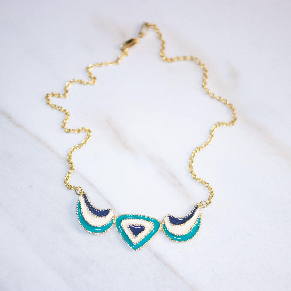 Vintage Teal, Cream, and Blue Enamel Statement Necklace