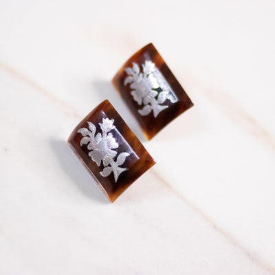 Vintage Faux Tortoise Lucite Earrings with Sterling Silver Flower Overlay by Unsigned Beauty - Vintage Meet Modern Vintage Jewelry - Chicago, Illinois - #oldhollywoodglamour #vintagemeetmodern #designervintage #jewelrybox #antiquejewelry #vintagejewelry
