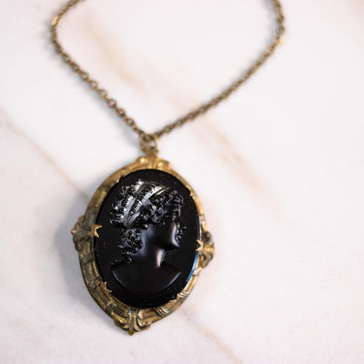 Vintage Victorian Revival Black Lucite Cameo Necklace by West Germany - Vintage Meet Modern Vintage Jewelry - Chicago, Illinois - #oldhollywoodglamour #vintagemeetmodern #designervintage #jewelrybox #antiquejewelry #vintagejewelry