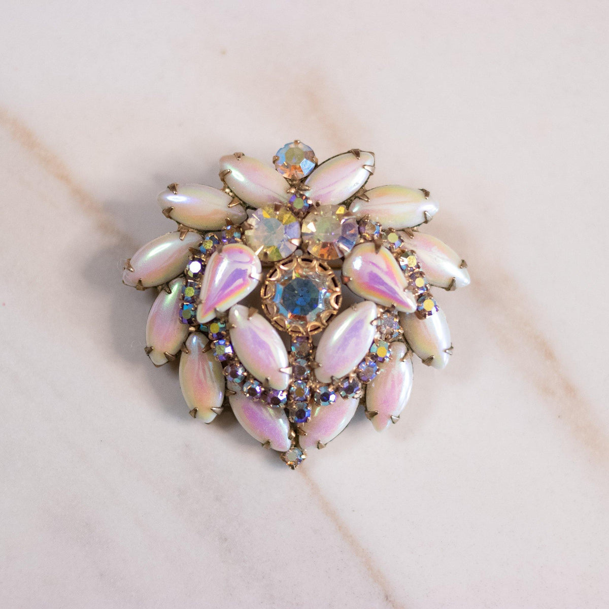 Vintage Weiss Iridescent Milk Glass and Aurora Borealis Brooch