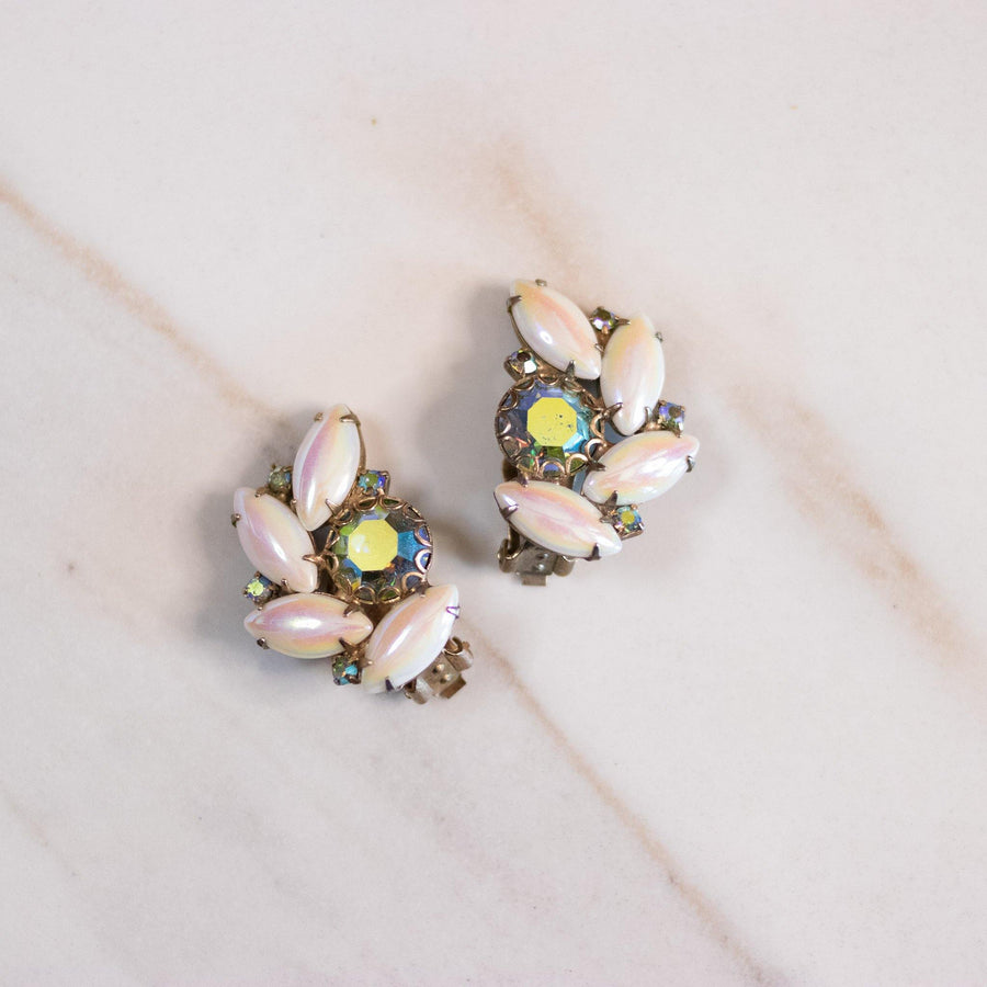 Vintage Weiss Iridescent Milk Glass with Aurora Borealis Rhinestone Statement Earrings by Weiss - Vintage Meet Modern Vintage Jewelry - Chicago, Illinois - #oldhollywoodglamour #vintagemeetmodern #designervintage #jewelrybox #antiquejewelry #vintagejewelry