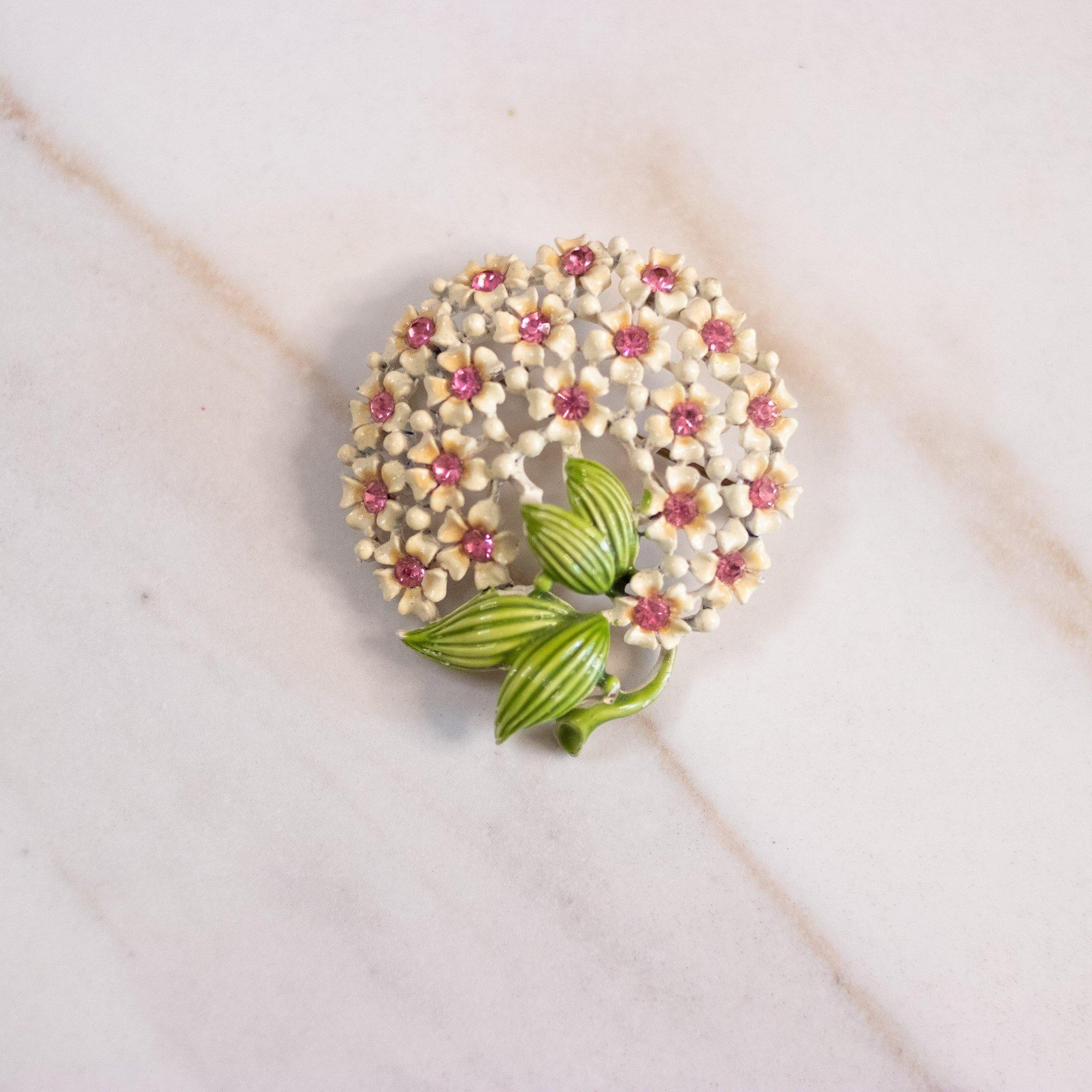 Vintage White Flower Brooch with Pink Rhinestones by Unsigned Beauty - Vintage Meet Modern Vintage Jewelry - Chicago, Illinois - #oldhollywoodglamour #vintagemeetmodern #designervintage #jewelrybox #antiquejewelry #vintagejewelry