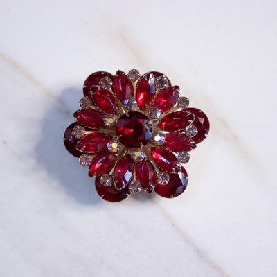 Vintage Red Rhinestone Pinwheel Brooch by Unsigned Beauty - Vintage Meet Modern Vintage Jewelry - Chicago, Illinois - #oldhollywoodglamour #vintagemeetmodern #designervintage #jewelrybox #antiquejewelry #vintagejewelry