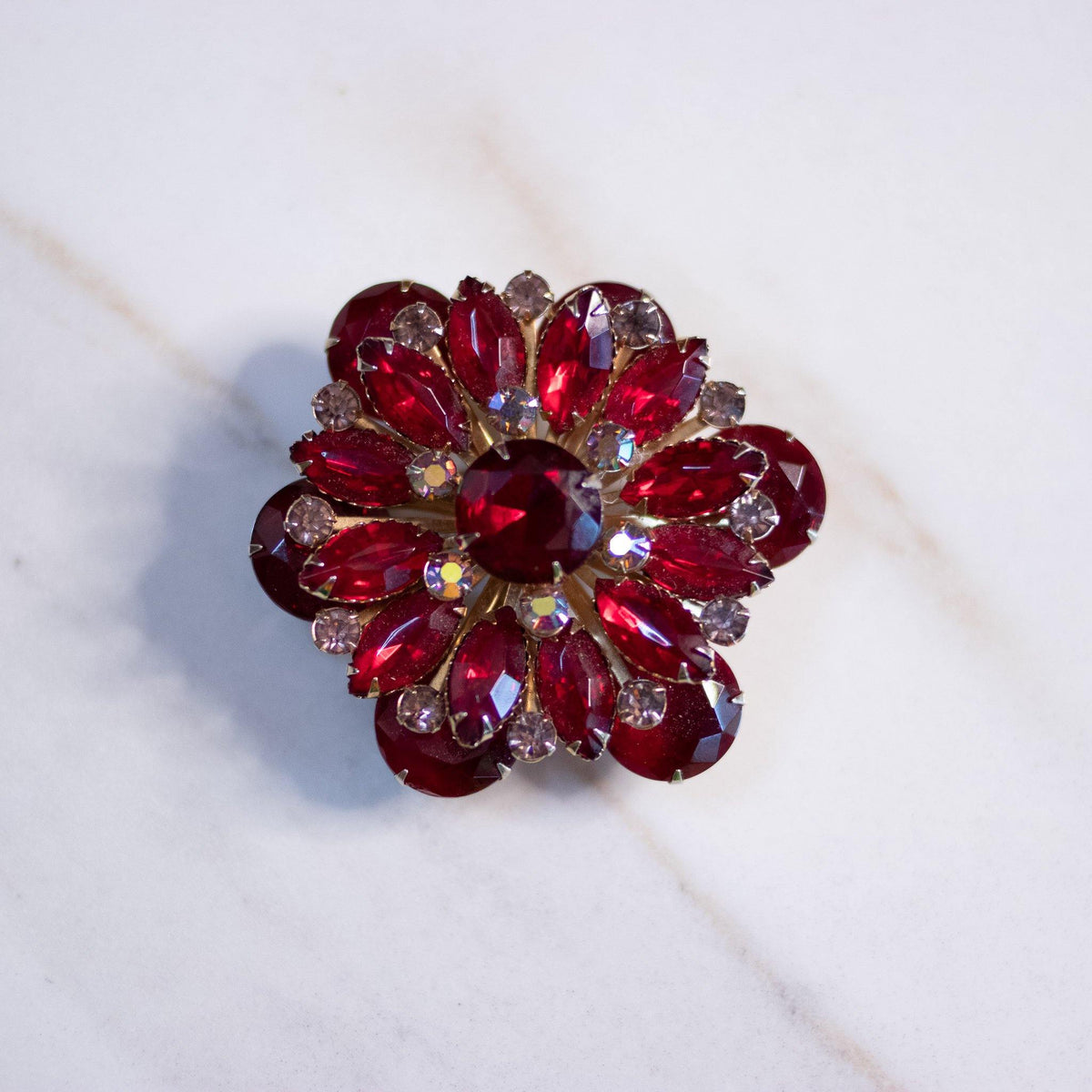 Vintage Red Rhinestone Pinwheel Brooch