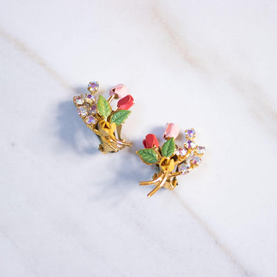 Vintage Petite Red, Pink, and Yellow Rose Earrings with Aurora Borealis Rhinestones by Made in Austria - Vintage Meet Modern Vintage Jewelry - Chicago, Illinois - #oldhollywoodglamour #vintagemeetmodern #designervintage #jewelrybox #antiquejewelry #vintagejewelry